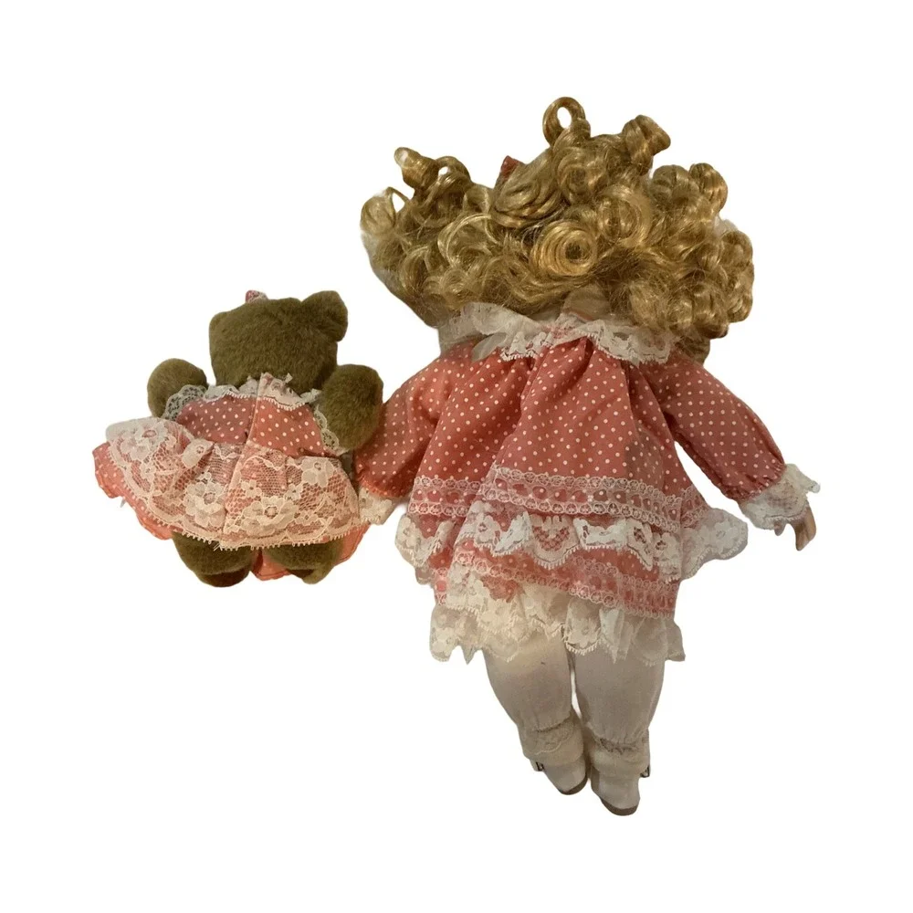 Vintage Porcelain Doll Tea Party Set‎ with Teddy Bear and Wooden Furniture Pink
